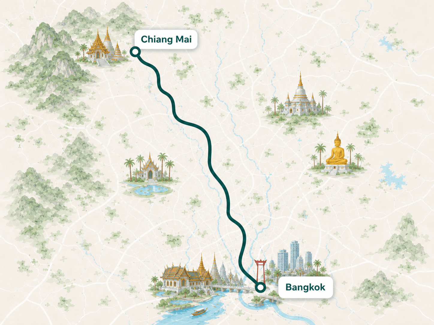 Bangkok to Chiang Mai route overview map