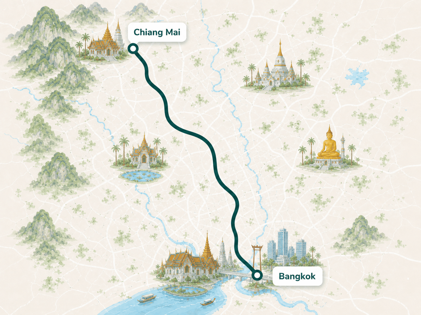 Chiang Mai to Bangkok route overview map