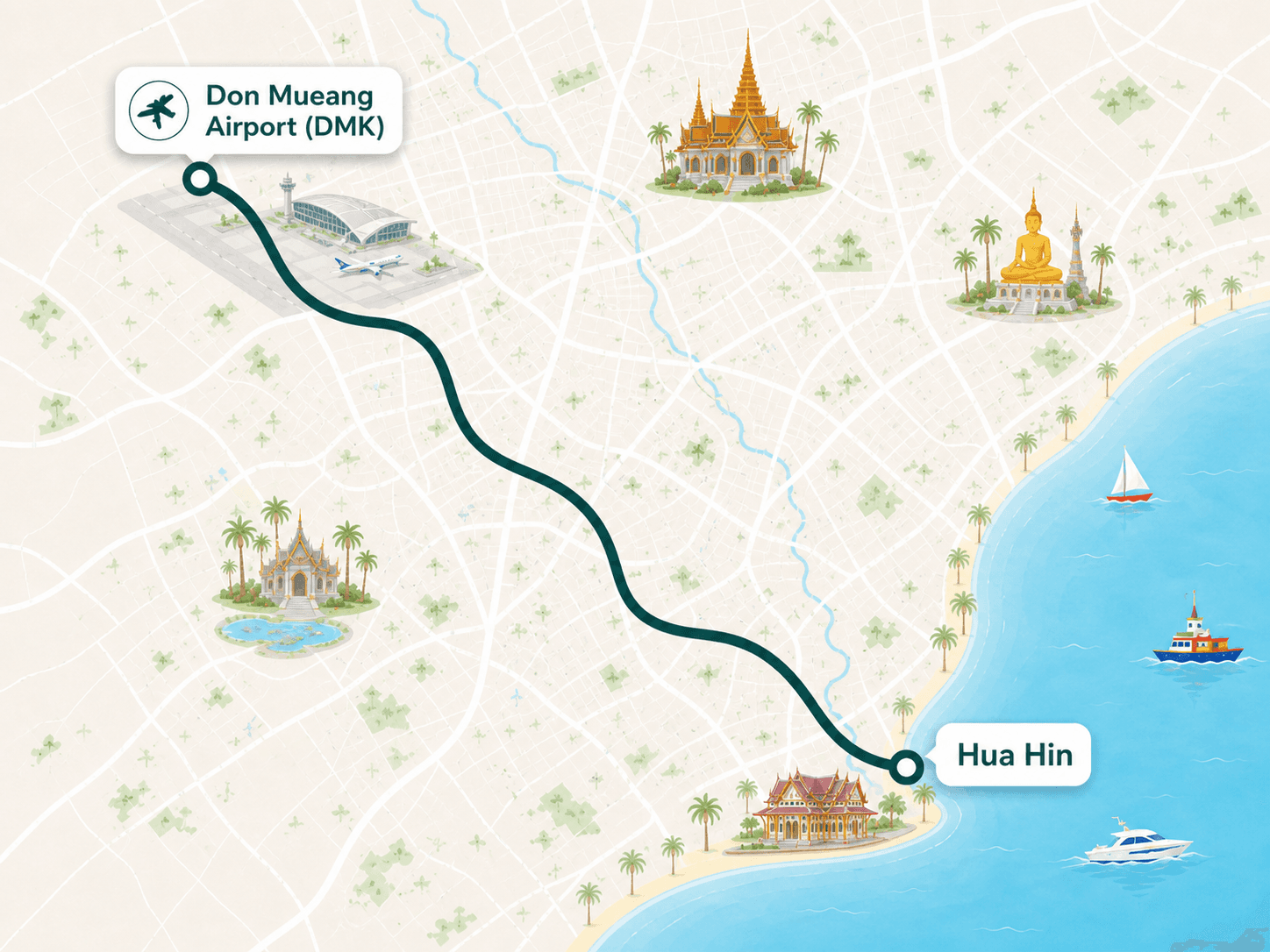 Don Mueang Airport to Hua Hin route overview map