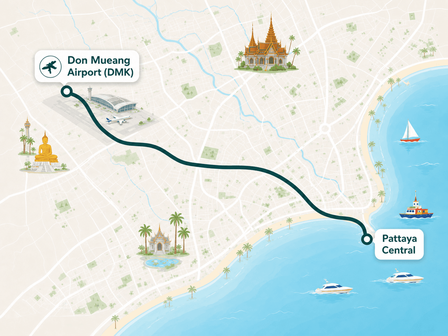 Don Mueang Airport to Pattaya route overview map