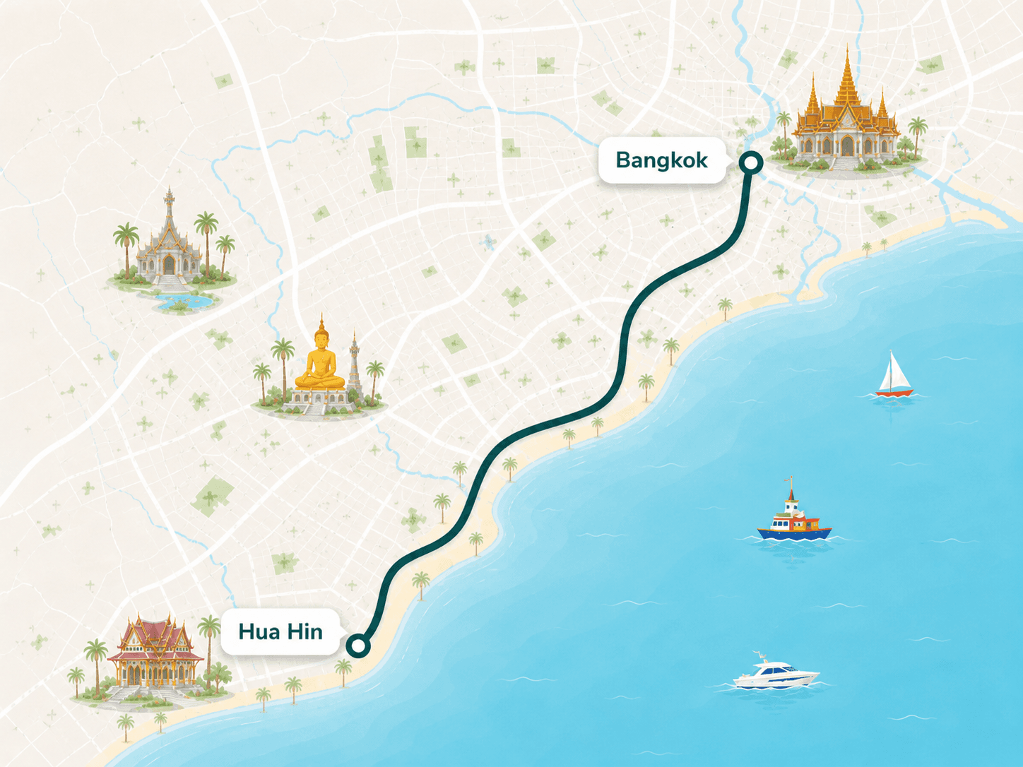 Hua Hin to Bangkok route overview map