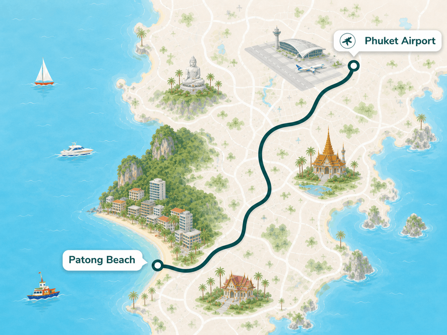Patong Beach to Phuket Airport route overview map