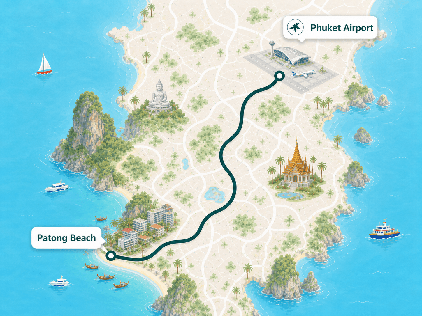 Phuket Airport to Patong Beach route overview map