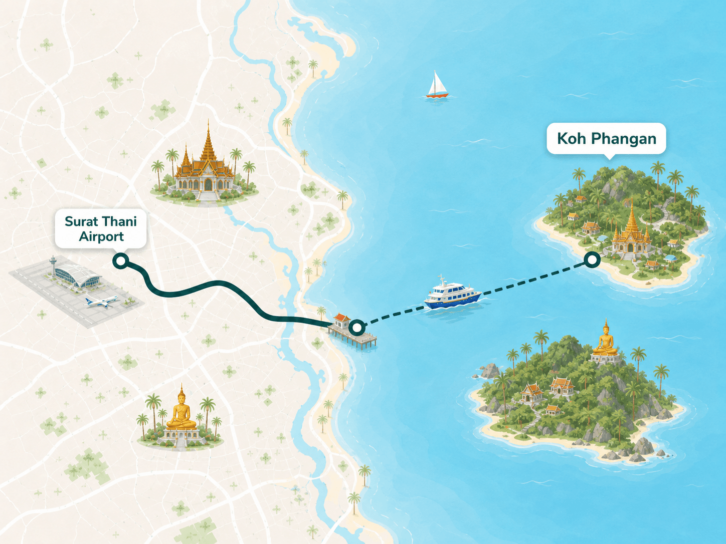 Koh Phangan to Surat Thani Airport route