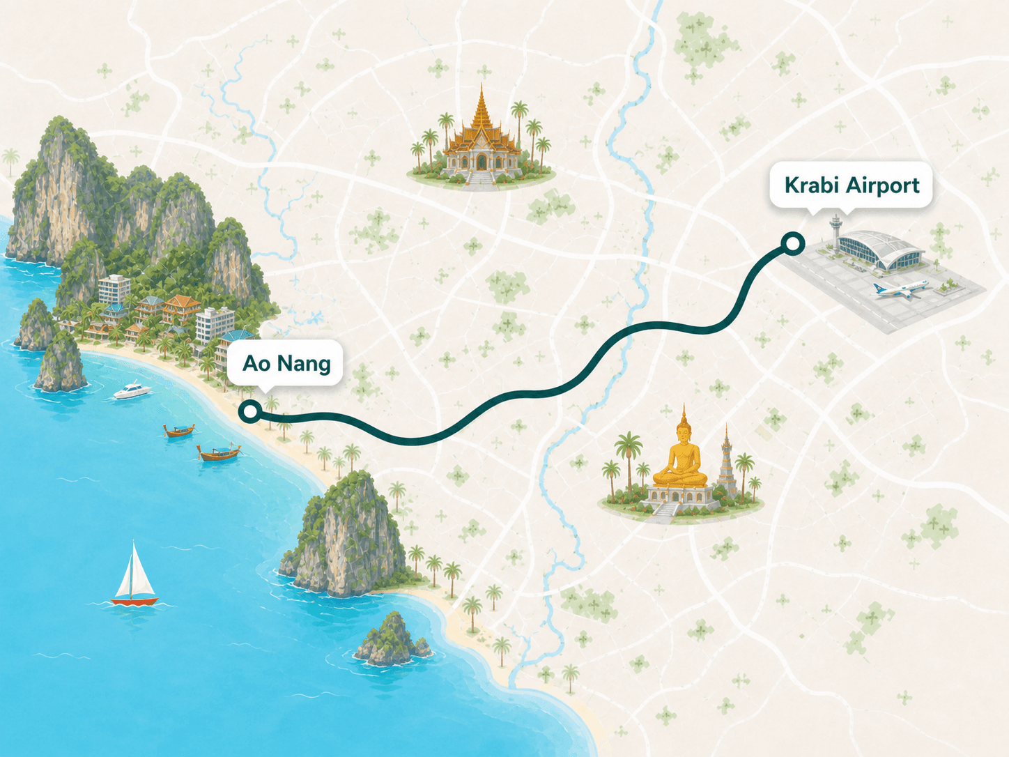 Krabi Airport to Ao Nang route overview map